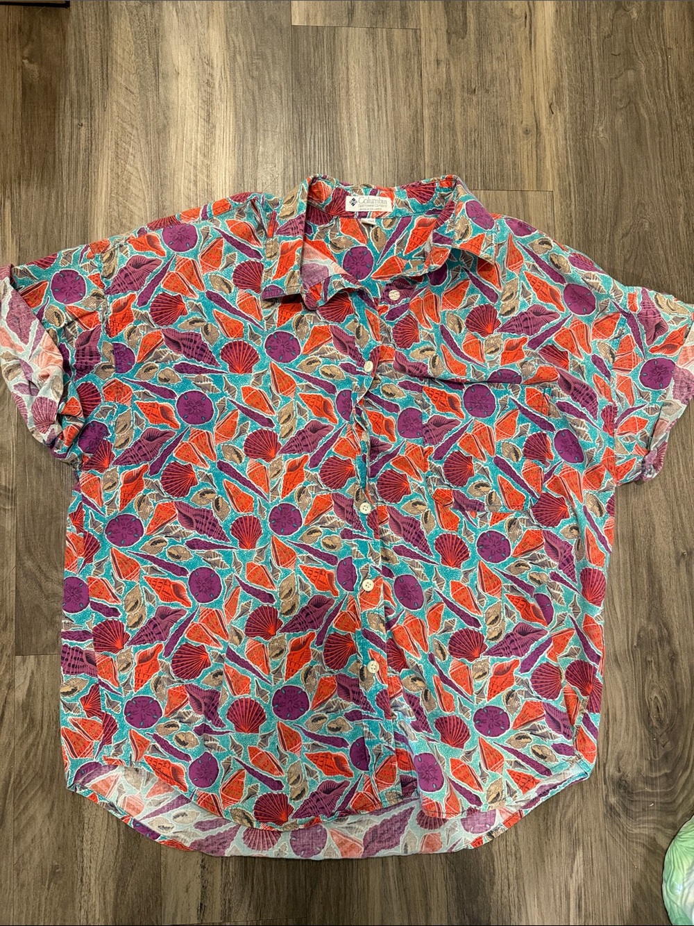 🐚 Vintage 90s Columbia Seashell Print Shirt Cotton Coastal Beach Button Up